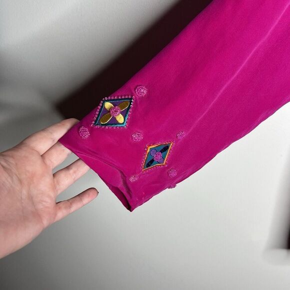 Adam Douglass Vintage Silk‎ Blazer Womens XL Embroidered Beaded Pink Boho 90s - Picture 15 of 16